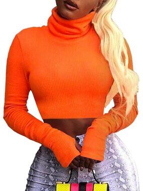 Women Long Sleeve Turtleneck Crop Tops Neon Ribbed Half Tight Cropped Sweaters P